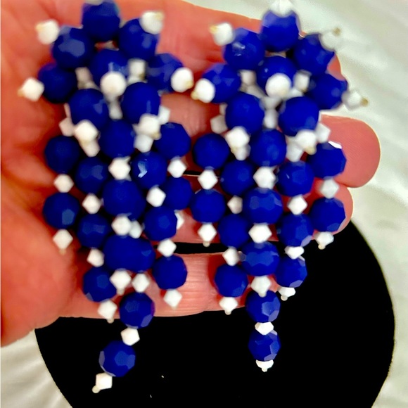 VINTAGE COBALT BLUE & WHITE LOADED SWAROFSKI CRYSTAL EARRING (NEW) HAND MADE - Picture 8 of 9